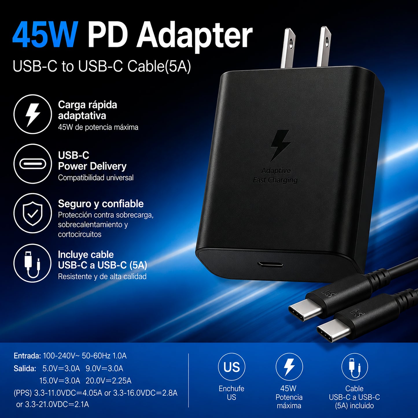 Cargador de Carga Rápida 45W PD Adaptador + Cable USB-C a USB-C (5A)