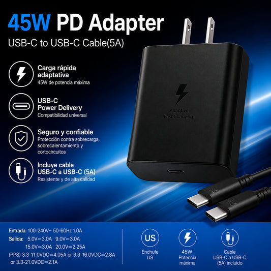 Cargador de Carga Rápida 45W PD Adaptador + Cable USB-C a USB-C (5A)