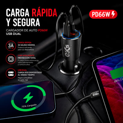 Cargador de Carro KTS Dual USB  Carga Ultra Rápida PD 66W P05