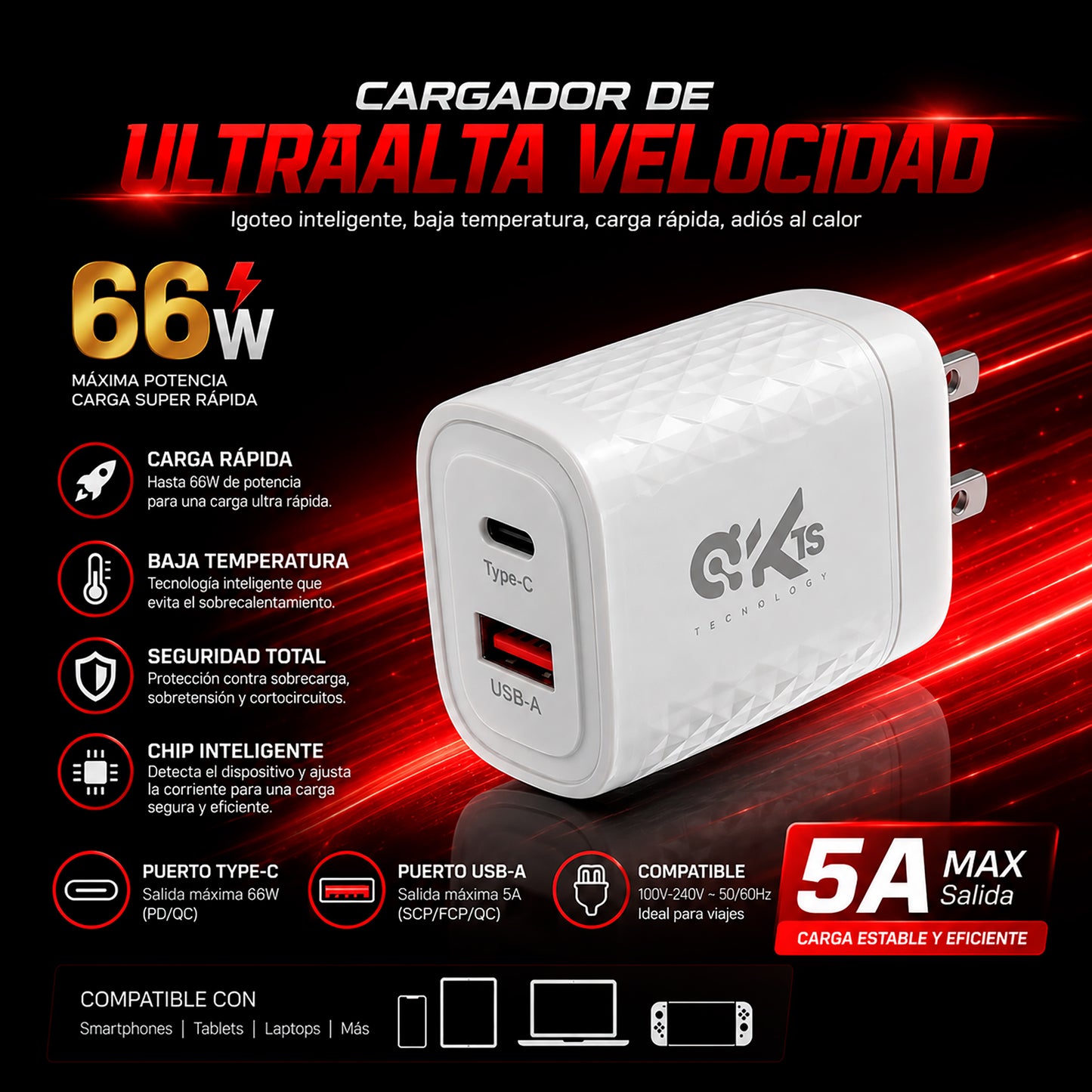 Cargador de Ultra Alta Velocidad 66W KTS-174