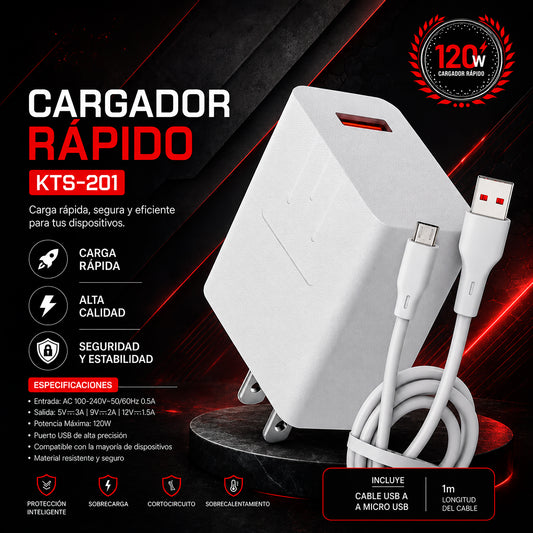 Cargador Rápido KTS 120W con Cable Incluido KTS-201