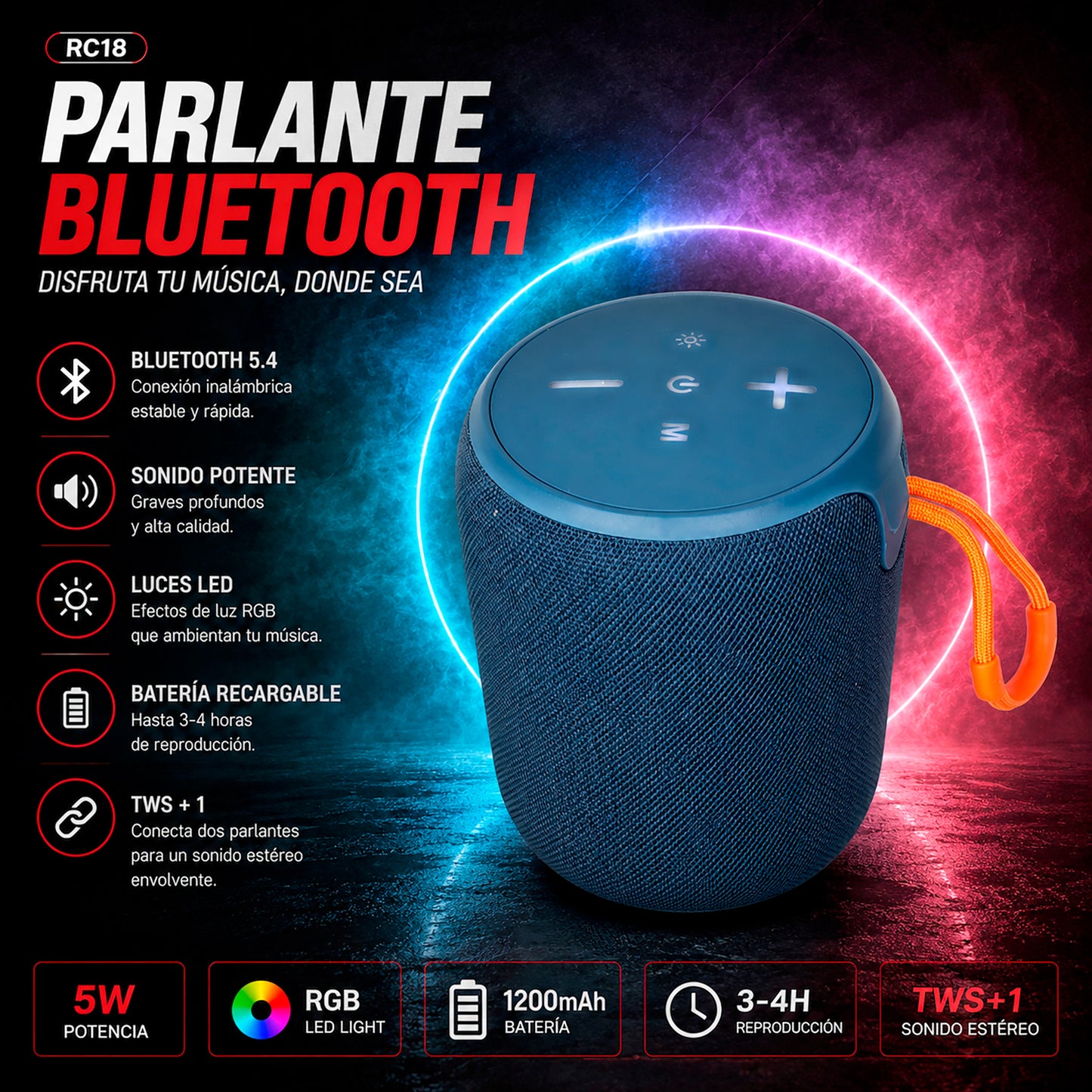 Parlante Bluetooth Portátil con Luces RGB RC18