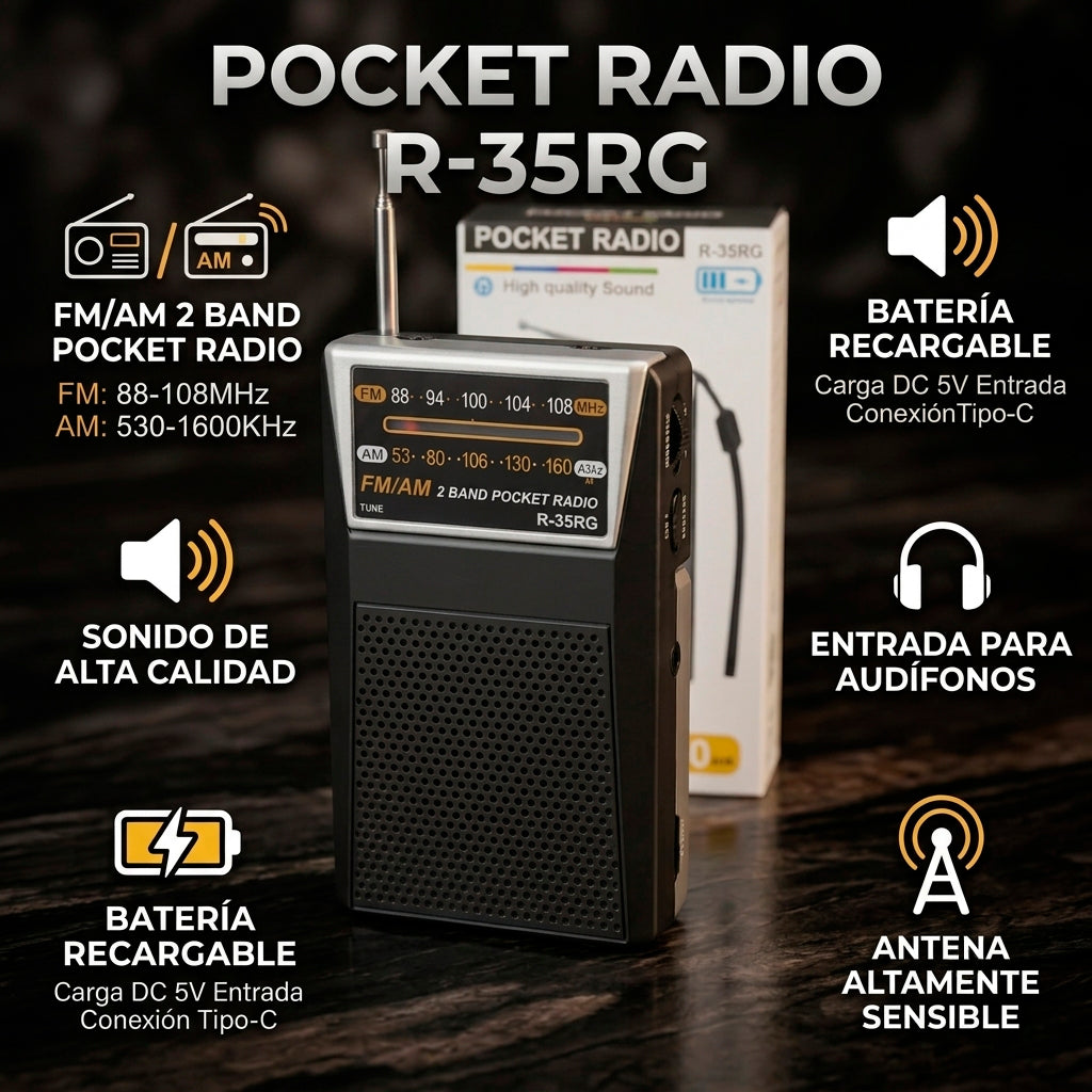 Radio de Bolsillo Portátil R-35RG (FM/AM) con Batería Recargable