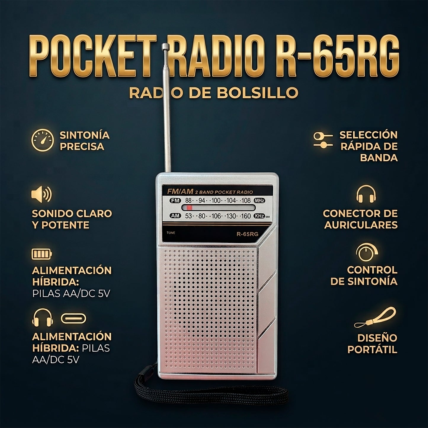 Radio de Bolsillo Portátil FM/AM R-65RG con Batería Recargable