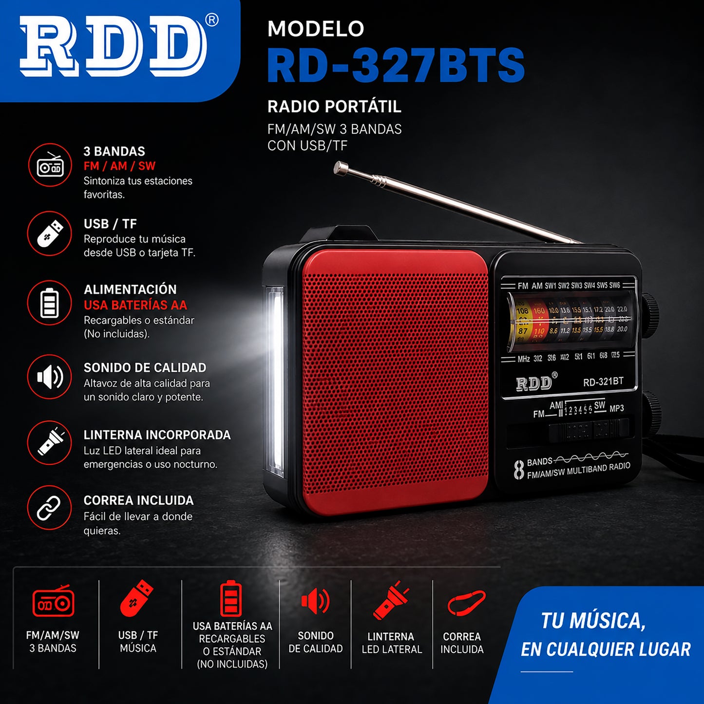 Radio Portátil con Linterna LED, Bluetooth y USB RDD RD-321BT