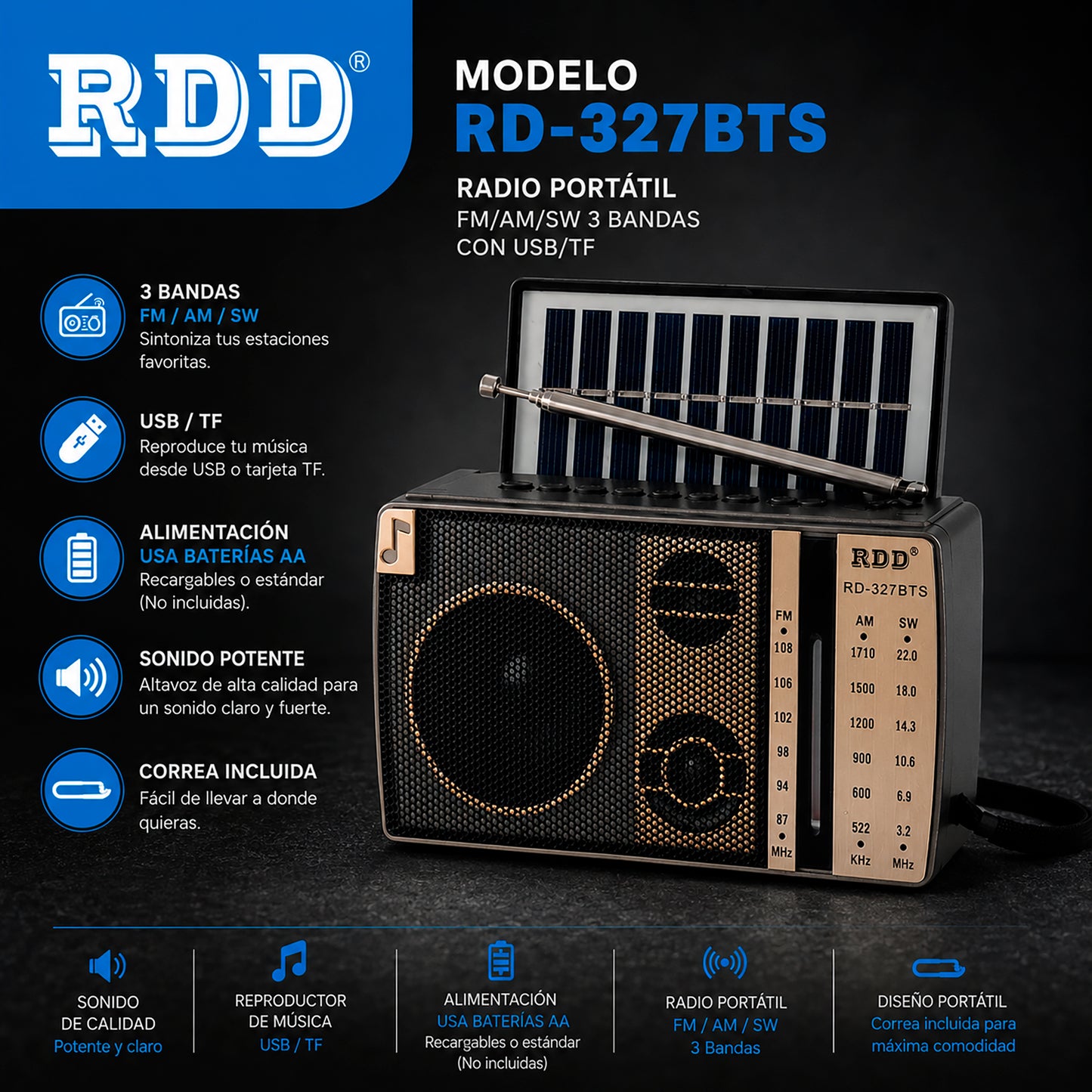 Radio Portátil Solar con Bluetooth y USB RDD RD-327BTS