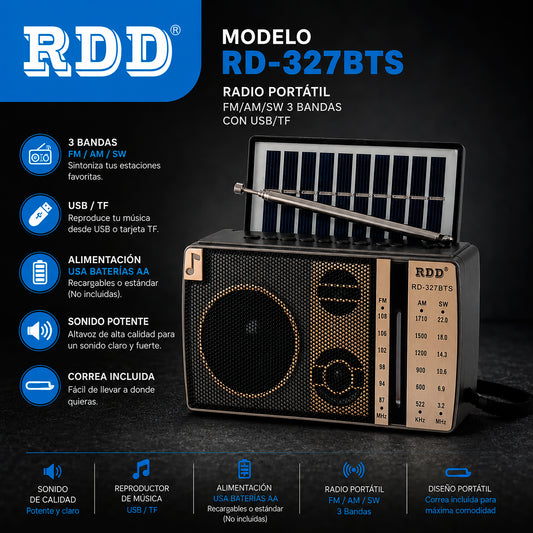 Radio Portátil Solar con Bluetooth y USB RDD RD-327BTS